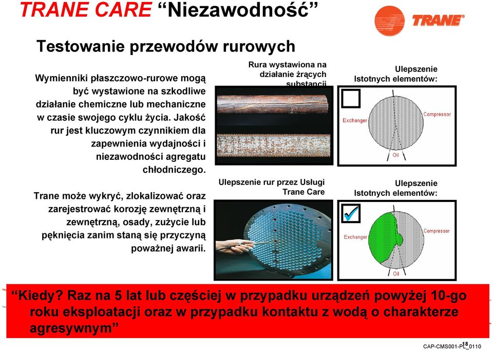 Trane może wykryć, zlokalizować oraz zarejestrować korozję zewnętrzną i zewnętrzną, osady, zużycie lub pęknięcia zanim staną się przyczyną poważnej awarii.