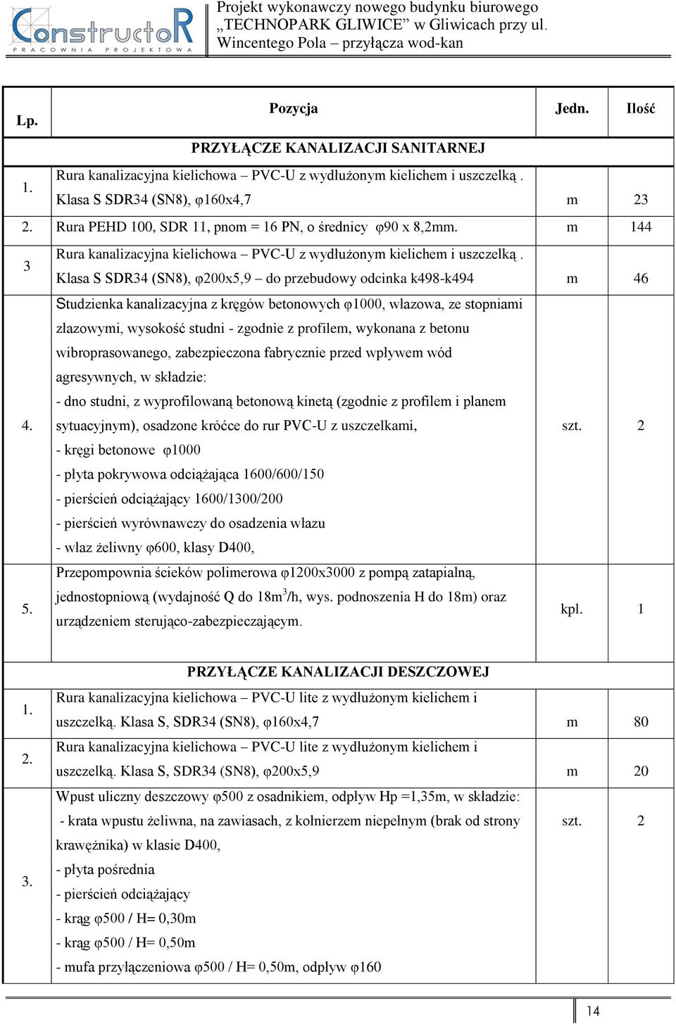 Klasa S SDR34 (SN8), φ200x5,9 do przebudowy odcinka k498-k494 m 46 4.