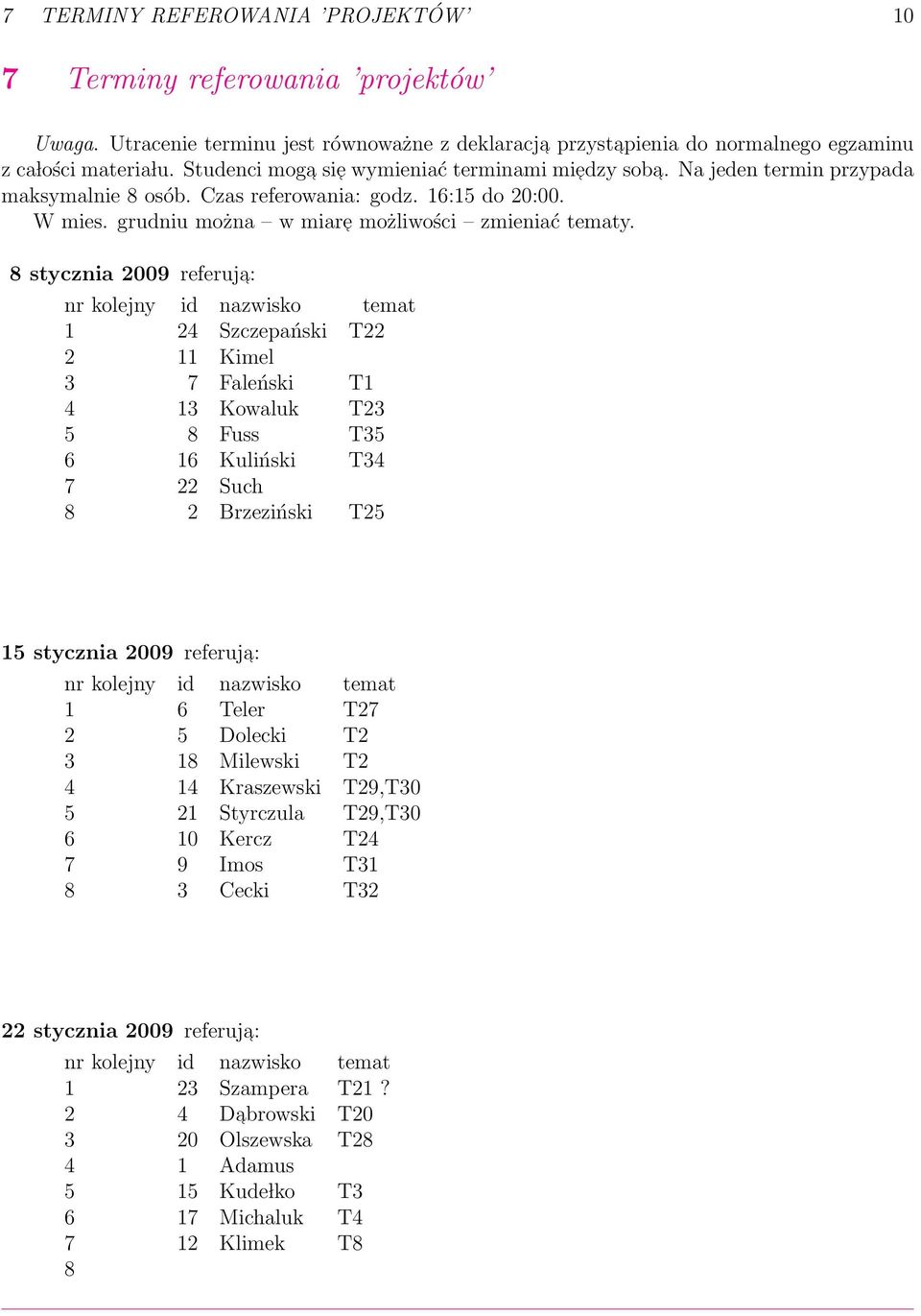 8 stycznia 2009 referuja: nr kolejny id nazwisko temat 1 24 Szczepański T22 2 11 Kimel 3 7 Faleński T1 4 13 Kowaluk T23 5 8 Fuss T35 6 16 Kuliński T34 7 22 Such 8 2 Brzeziński T25 15 stycznia 2009