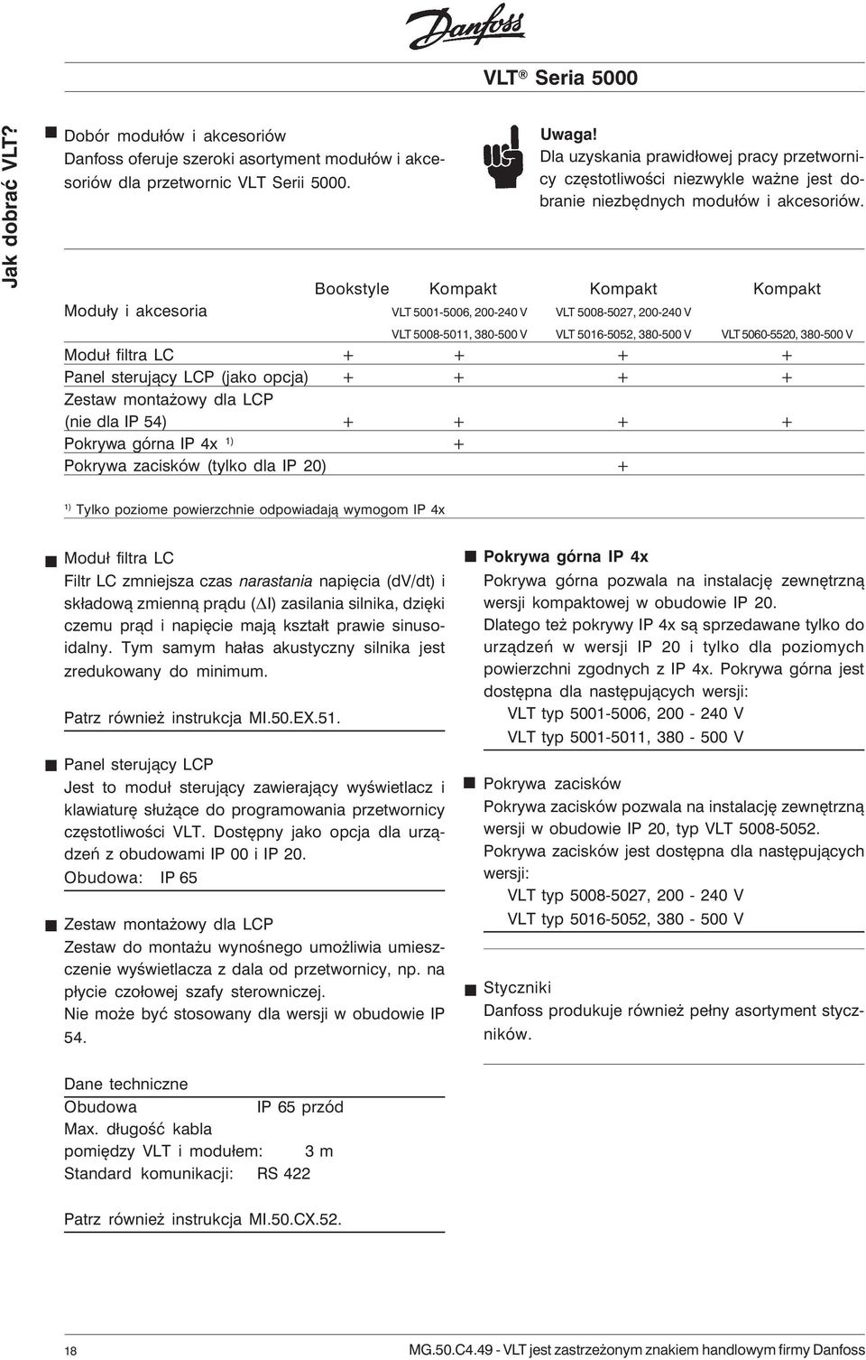 Bookstyle Kompakt Kompakt Kompakt Moduły i akcesoria VLT 51-56, 2-24 V VLT 58-527, 2-24 V VLT 58-511, 38-5 V VLT 516-552, 38-5 V VLT 56-552, 38-5 V Moduł filtra LC + + + + Panel sterujący LCP (jako