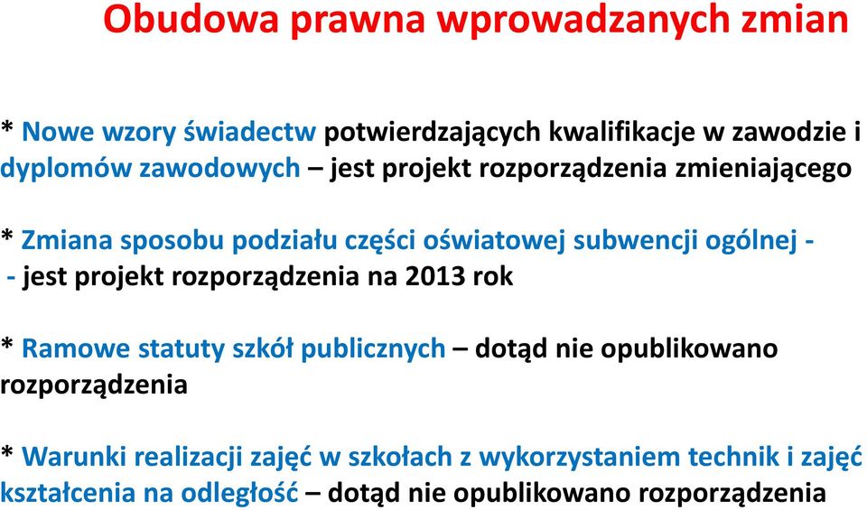 jest projekt rozporządzenia na 2013 rok * Ramowe statuty szkół publicznych dotąd nie opublikowano rozporządzenia *