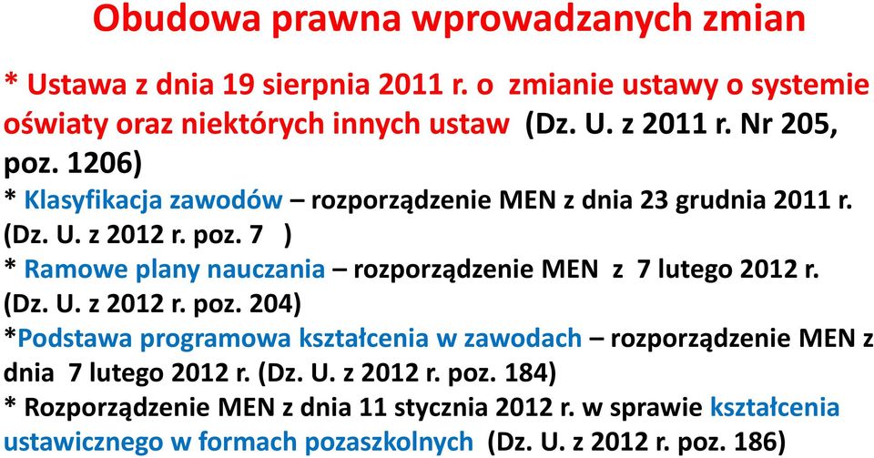 (Dz. U. z 2012 r. poz. 204) *Podstawa programowa kształcenia w zawodach rozporządzenie MEN z dnia 7 lutego 2012 r. (Dz. U. z 2012 r. poz. 184) * Rozporządzenie MEN z dnia 11 stycznia 2012 r.