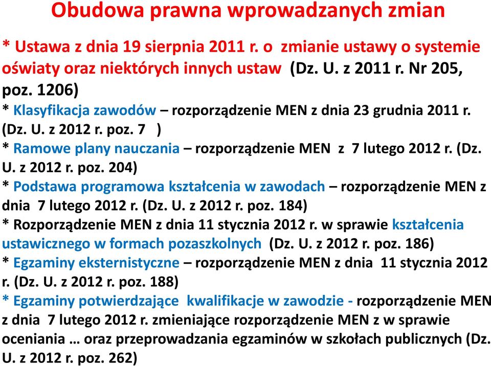 (Dz. U. z 2012 r. poz. 184) * Rozporządzenie MEN z dnia 11 stycznia 2012 r. w sprawie kształcenia ustawicznego w formach pozaszkolnych (Dz. U. z 2012 r. poz. 186) * Egzaminy eksternistyczne rozporządzenie MEN z dnia 11 stycznia 2012 r.