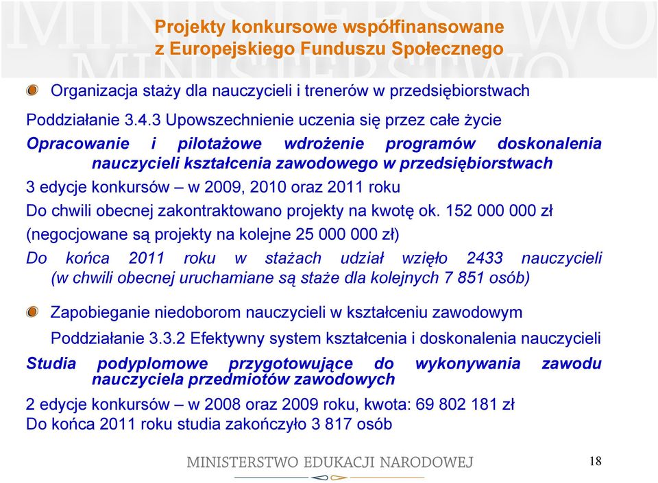 2011 roku Do chwili obecnej zakontraktowano projekty na kwotę ok.