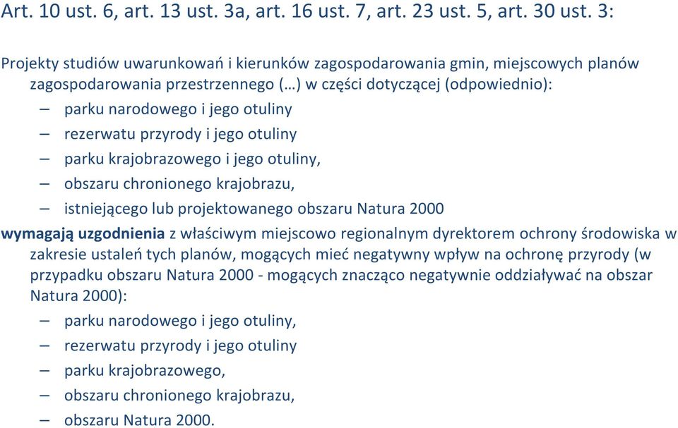 przyrody i jego otuliny parku krajobrazowego i jego otuliny, obszaru chronionego krajobrazu, istniejącego lub projektowanego obszaru Natura 2000 wymagają uzgodnienia z właściwym miejscowo regionalnym