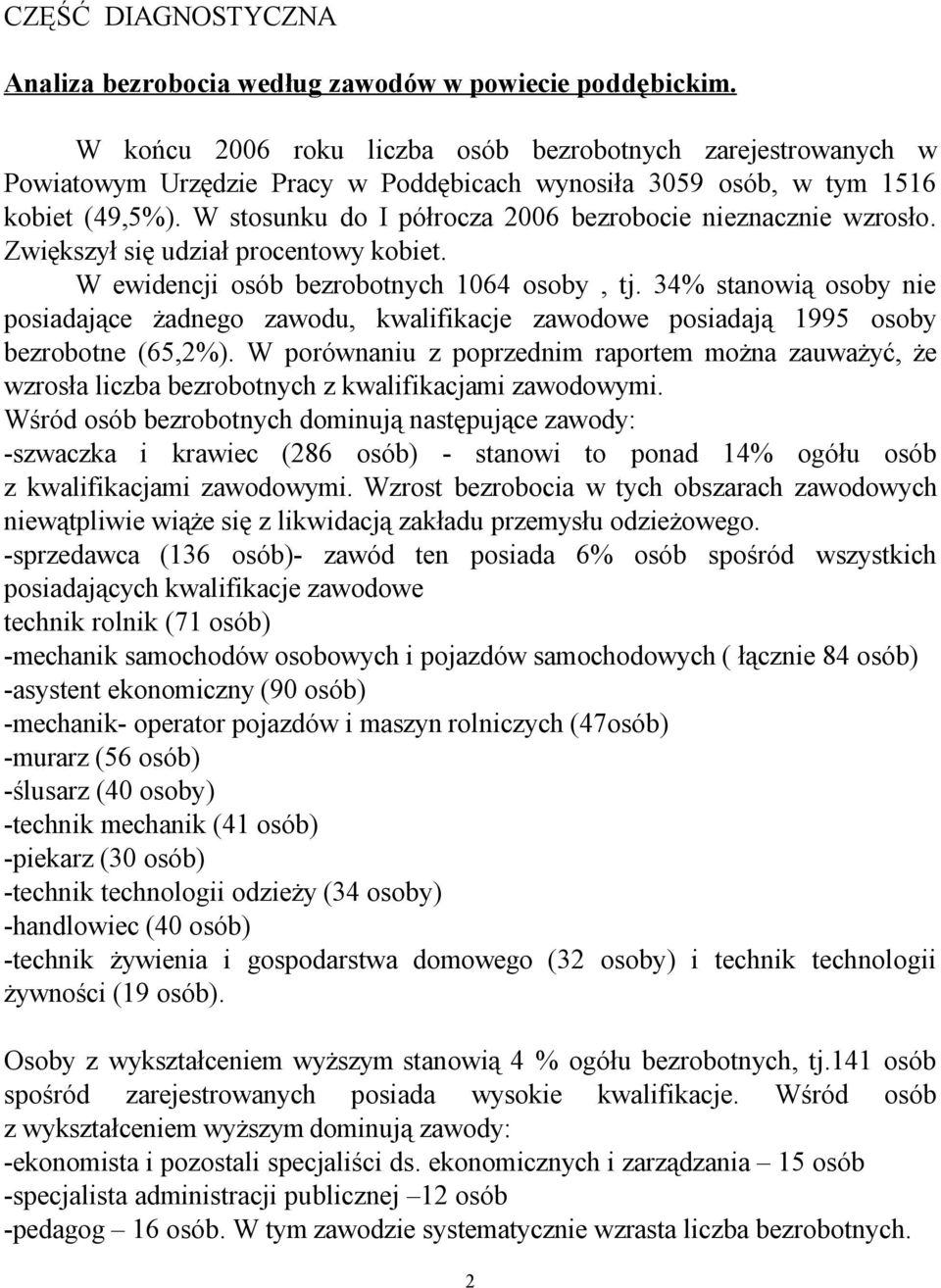 W stosunku do I półrocza 2006 bezrobocie nieznacznie wzrosło. Zwiększył się udział procentowy kobiet. W ewidencji osób bezrobotnych 1064 osoby, tj.