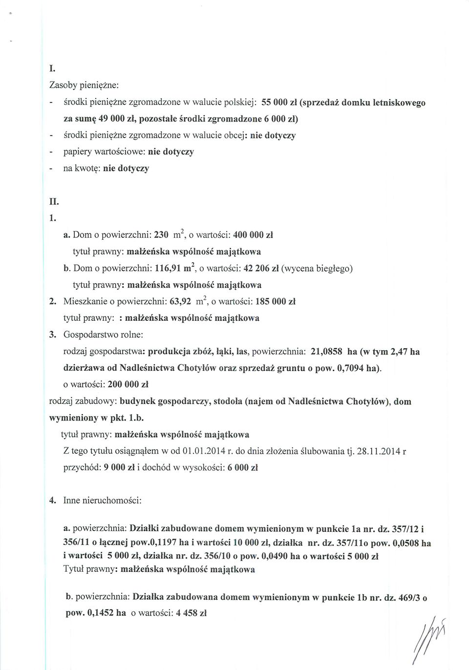 Dom o powierzchm: 116,91 m, o wartosci: 42 206 zl (wycena bieglego) tytui prawny: malzehska wspolnosc majqtkowa 2.