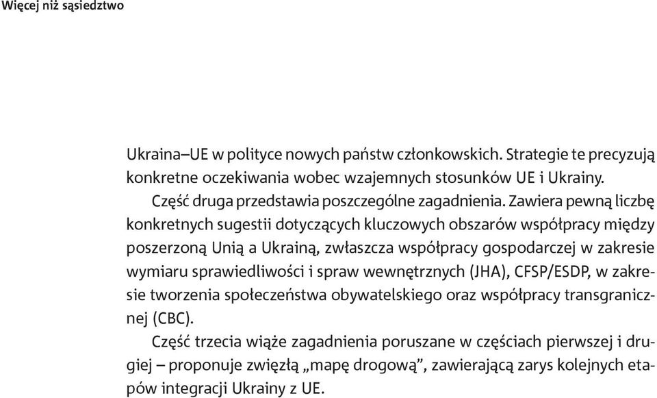 Zawiera pewną liczbę konkretnych sugestii dotyczących kluczowych obszarów współpracy między poszerzoną Unią a Ukrainą, zwłaszcza współpracy gospodarczej w zakresie wymiaru