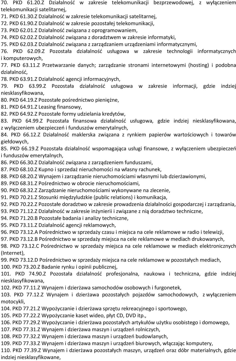 Z Działalność związana z zarządzaniem urządzeniami informatycznymi, 76. PKD 62.09.Z Pozostała działalność usługowa w zakresie technologii informatycznych i komputerowych, 77. PKD 63.11.