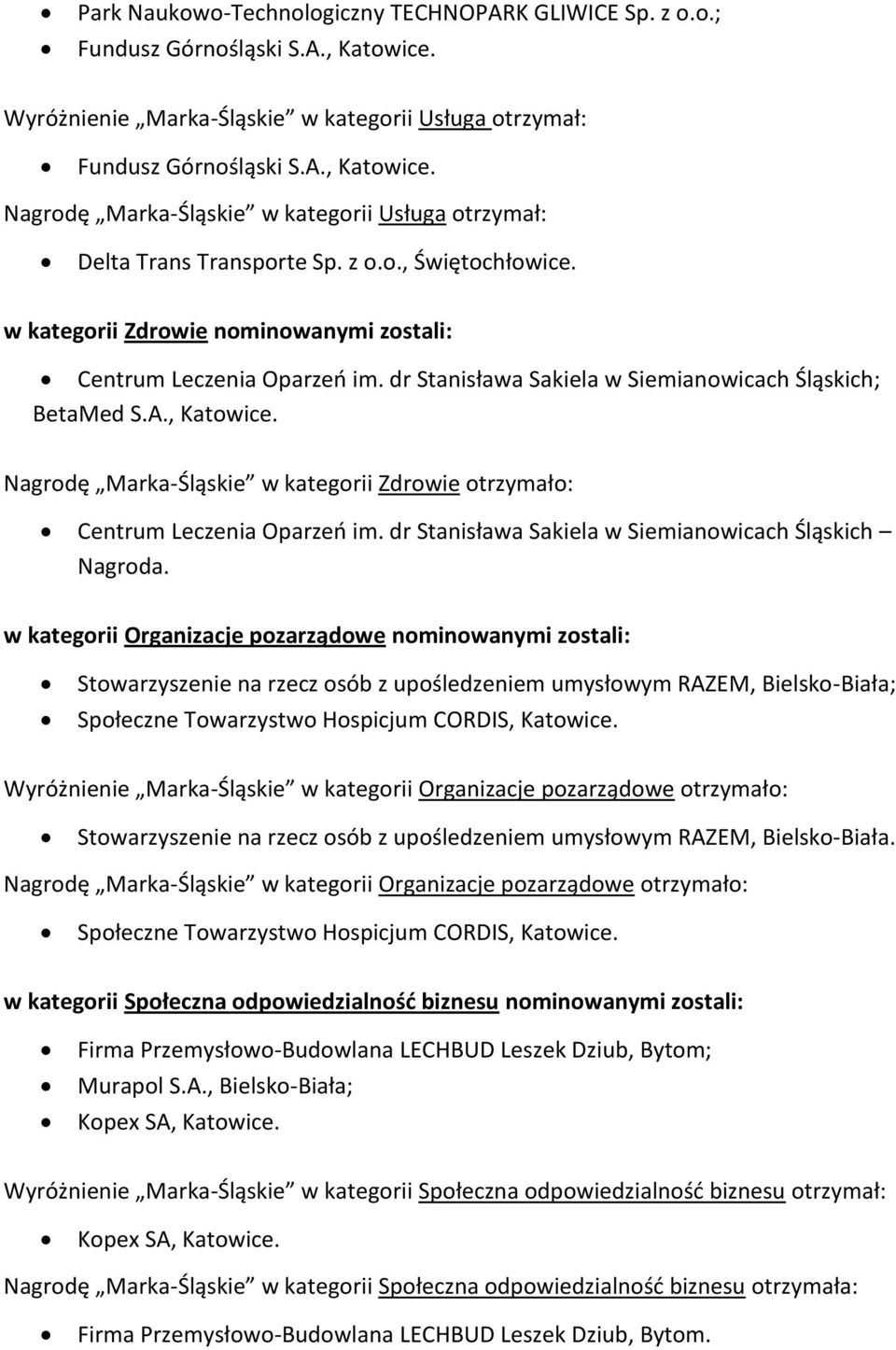 Nagrodę Marka-Śląskie w kategorii Zdrowie otrzymało: Centrum Leczenia Oparzeo im. dr Stanisława Sakiela w Siemianowicach Śląskich Nagroda.