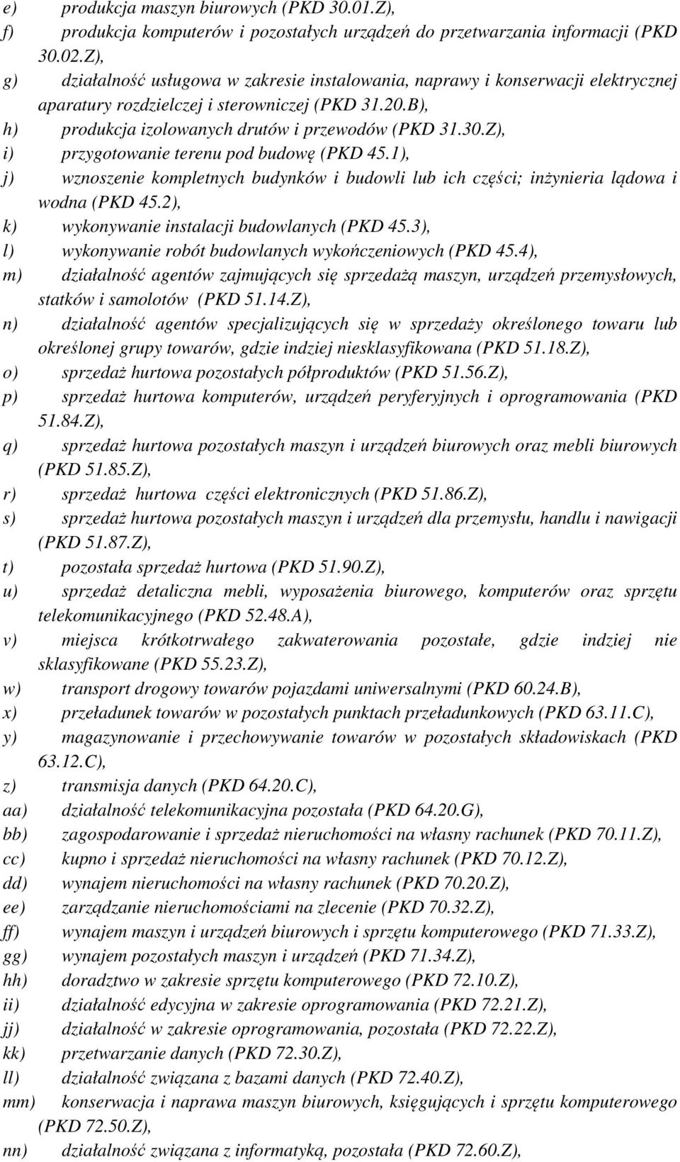 Z), i) przygotowanie terenu pod budowę (PKD 45.1), j) wznoszenie kompletnych budynków i budowli lub ich części; inżynieria lądowa i wodna (PKD 45.2), k) wykonywanie instalacji budowlanych (PKD 45.