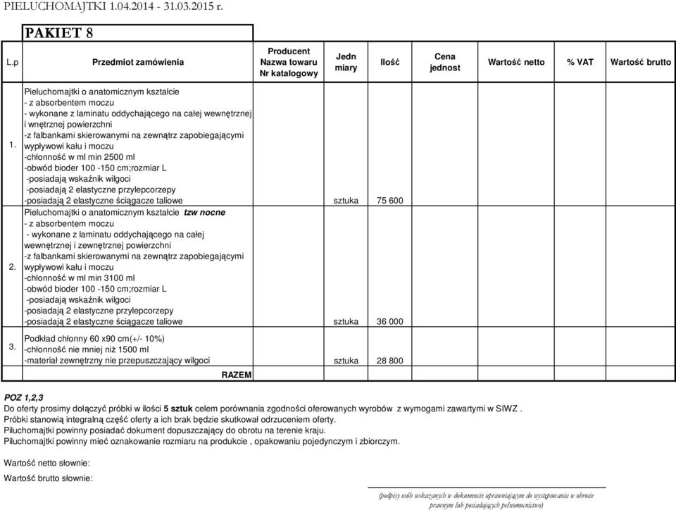 wypływowi kału i moczu -chłonność w ml min 2500 ml -obwód bioder 100-150 cm;rozmiar L -posiadają wskaźnik wilgoci -posiadają 2 elastyczne przylepcorzepy -posiadają 2 elastyczne ściągacze taliowe