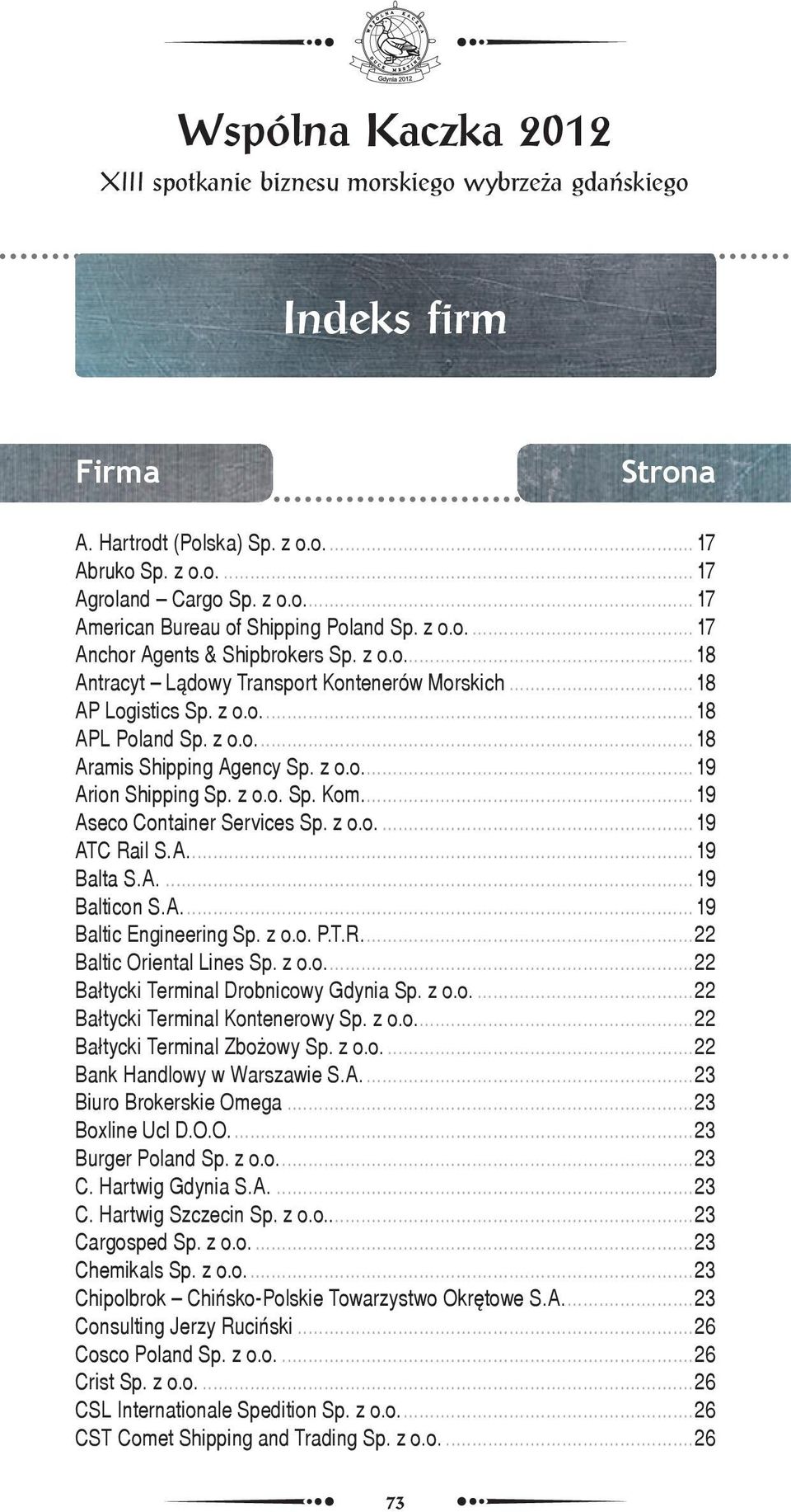 z o.o. Sp. Kom....19 Aseco Container Services Sp. z o.o....19 ATC Rail S.A....19 Balta S.A....19 Balticon S.A....19 Baltic Engineering Sp. z o.o. P.T.R....22 Baltic Oriental Lines Sp. z o.o....22 Bałtycki Terminal Drobnicowy Gdynia Sp.