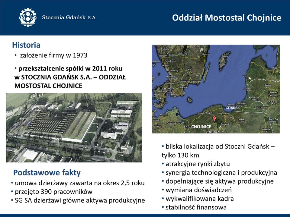 390 pracowników SG SA dzierżawi główne aktywa produkcyjne bliska lokalizacja od Stoczni Gdańsk tylko 130 km atrakcyjne