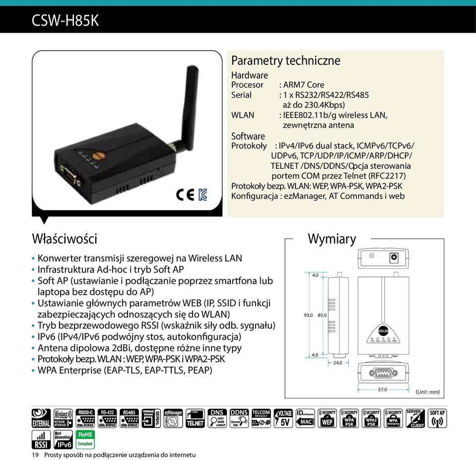 WLAN: WEP, WPA-PSK, WPA2-PSK Konfiguracja : ezmanager, AT Commands i web Właściwości Konwerter transmisji szeregowej na Wireless LAN Infrastruktura Ad-hoc i tryb Soft AP Soft AP (ustawianie i