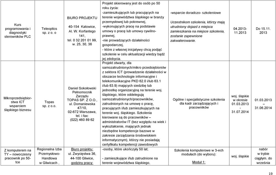 Zwycięstwa 36, 44100 Gliwice, godziny pracy: Projekt skierowany jest do osób po 50 roku życia: zamieszkujących lub pracujących na terenie województwa śląskiego w branży przemysłowej lub pokrewnej,