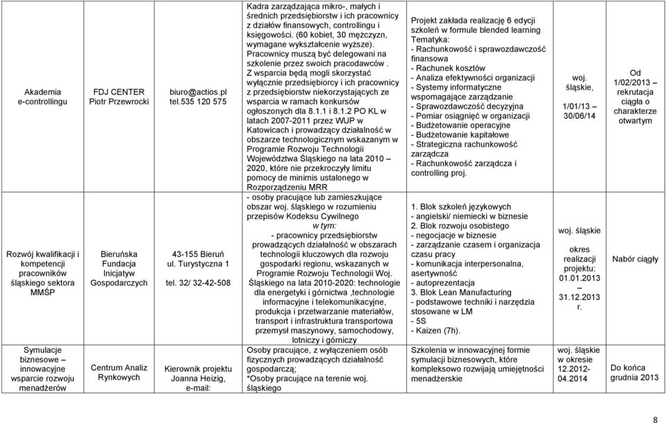 32/ 3242508 Kierownik projektu Joanna Heizig, email: Kadra zarządzająca mikro, małych i średnich przedsiębiorstw i ich pracownicy z działów finansowych, controllingu i księgowości.