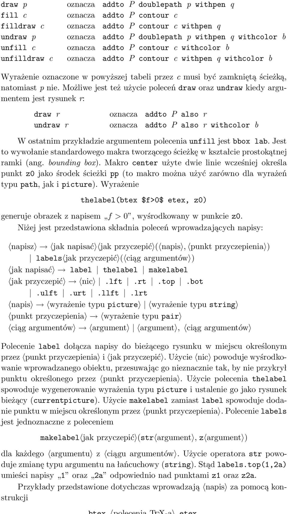 Możliwe jest też użycie poleceń draw oraz undraw kiedy argumentem jest rysunek r: draw r oznacza addto P also r undraw r oznacza addto P also r withcolor b W ostatnim przykładzie argumentem polecenia