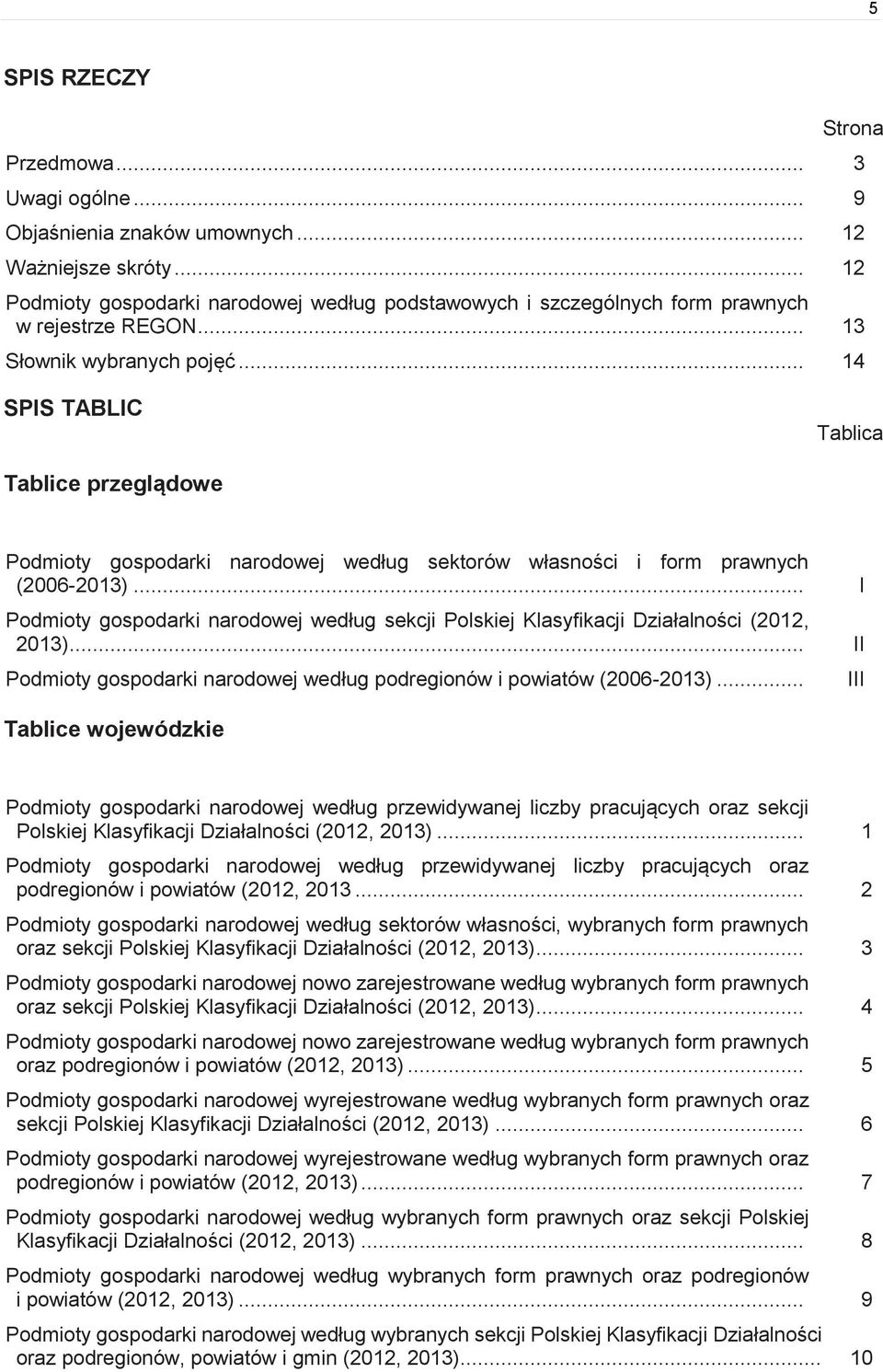 .. 14 SPIS TABLIC Tablica Tablice przeglądowe Podmioty gospodarki narodowej według sektorów własności i form prawnych (2006-2013).