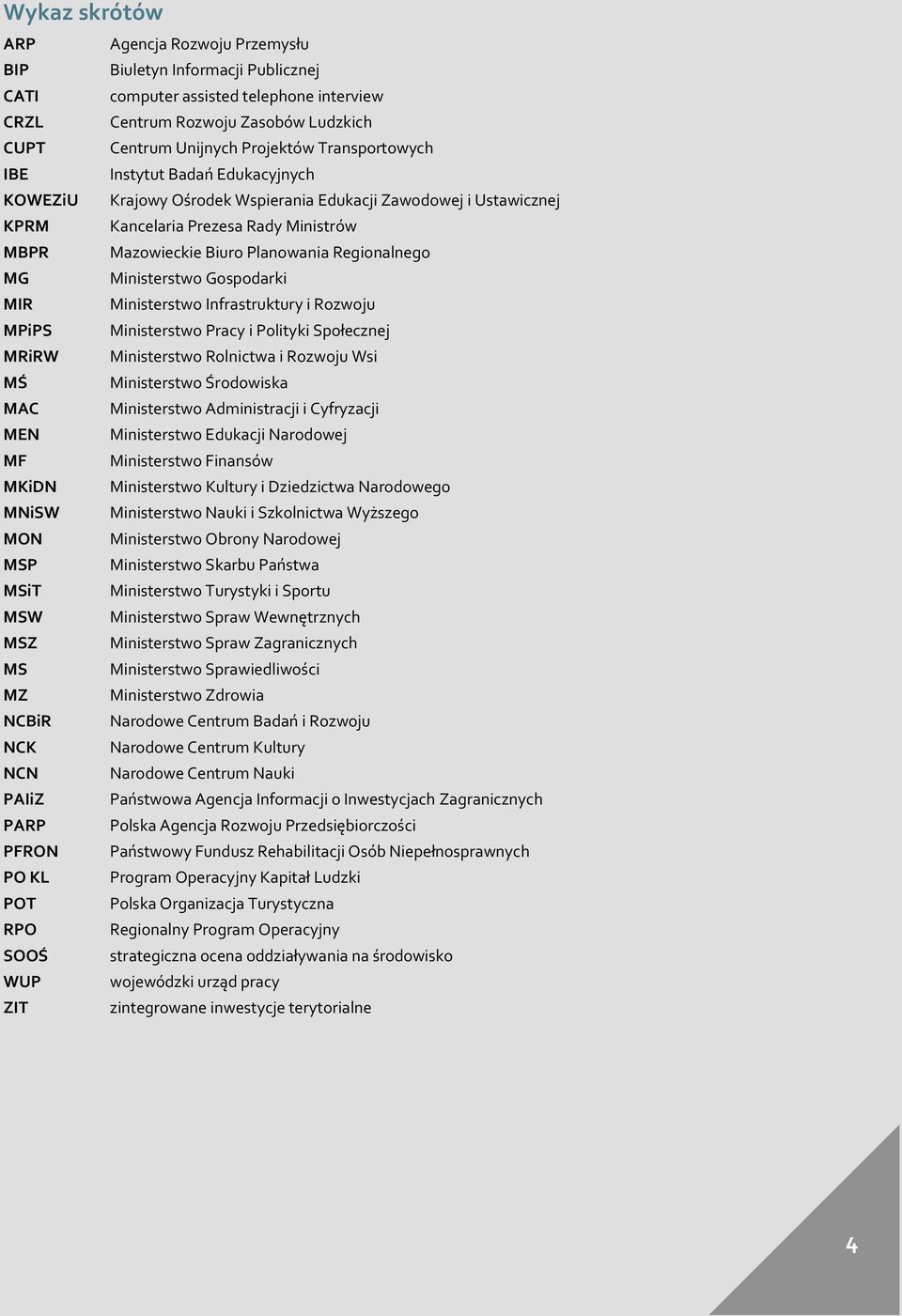Regionalnego MG Ministerstwo Gospodarki MIR Ministerstwo Infrastruktury i Rozwoju MPiPS Ministerstwo Pracy i Polityki Społecznej MRiRW Ministerstwo Rolnictwa i Rozwoju Wsi MŚ Ministerstwo Środowiska