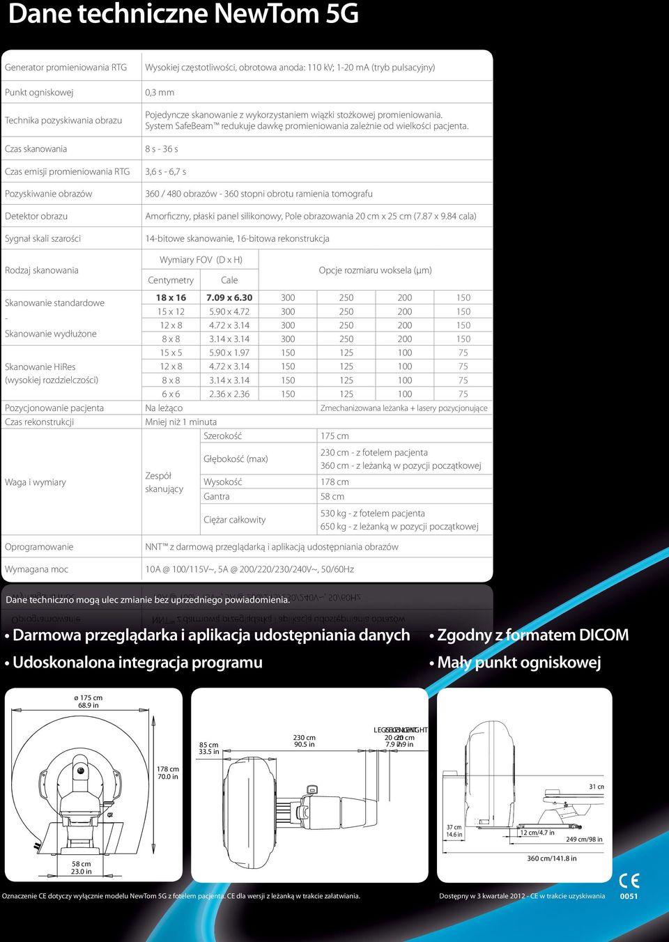 skali szarości Wysokiej częstotliwości, obrotowa anoda: 110 kv; 1-20 ma (tryb pulsacyjny) 0,3 mm Pojedyncze skanowanie z wykorzystaniem wiązki stożkowej promieniowania.