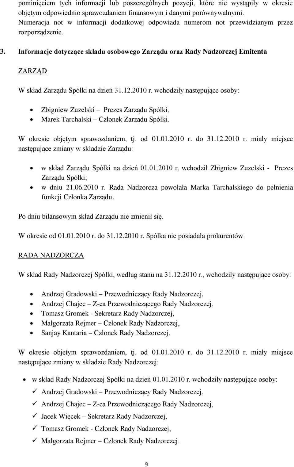 Informacje dotyczące składu osobowego Zarządu oraz Rady Nadzorczej Emitenta ZARZĄD W skład Zarządu Spółki na dzień 31.12.2010 r.