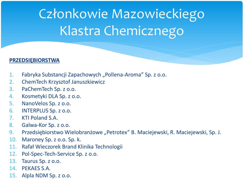 KTI Poland S.A. 8. Galwa-Kor Sp. z o.o. 9. Przedsiębiorstwo Wielobranżowe Petrotex B. Maciejewski, R. Maciejewski, Sp. J. 10. Maroney Sp.