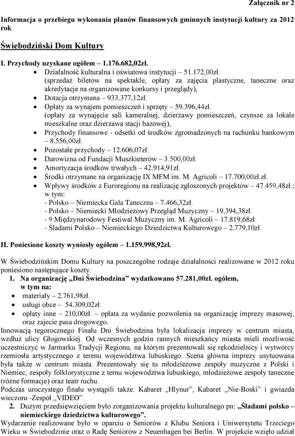 (sprzedaż biletów na spektakle, opłaty za zajęcia plastyczne, taneczne oraz akredytacje na organizowane konkursy i przeglądy), Dotacja otrzymana 933.377,12zł.