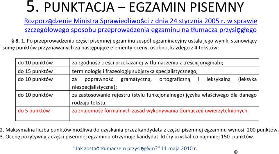 zgodność treści przekazanej w tłumaczeniu z treścią oryginału; do 15 punktów terminologię i frazeologię subjęzyka specjalistycznego; do 10 punktów za poprawność gramatyczną, ortograficzną i