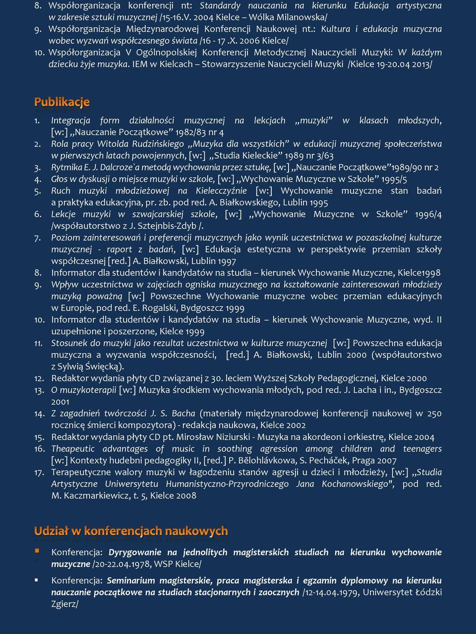 Współorganizacja V Ogólnopolskiej Konferencji Metodycznej Nauczycieli Muzyki: W każdym dziecku żyje muzyka. IEM w Kielcach Stowarzyszenie Nauczycieli Muzyki /Kielce 19-20.04 2013/ 1.