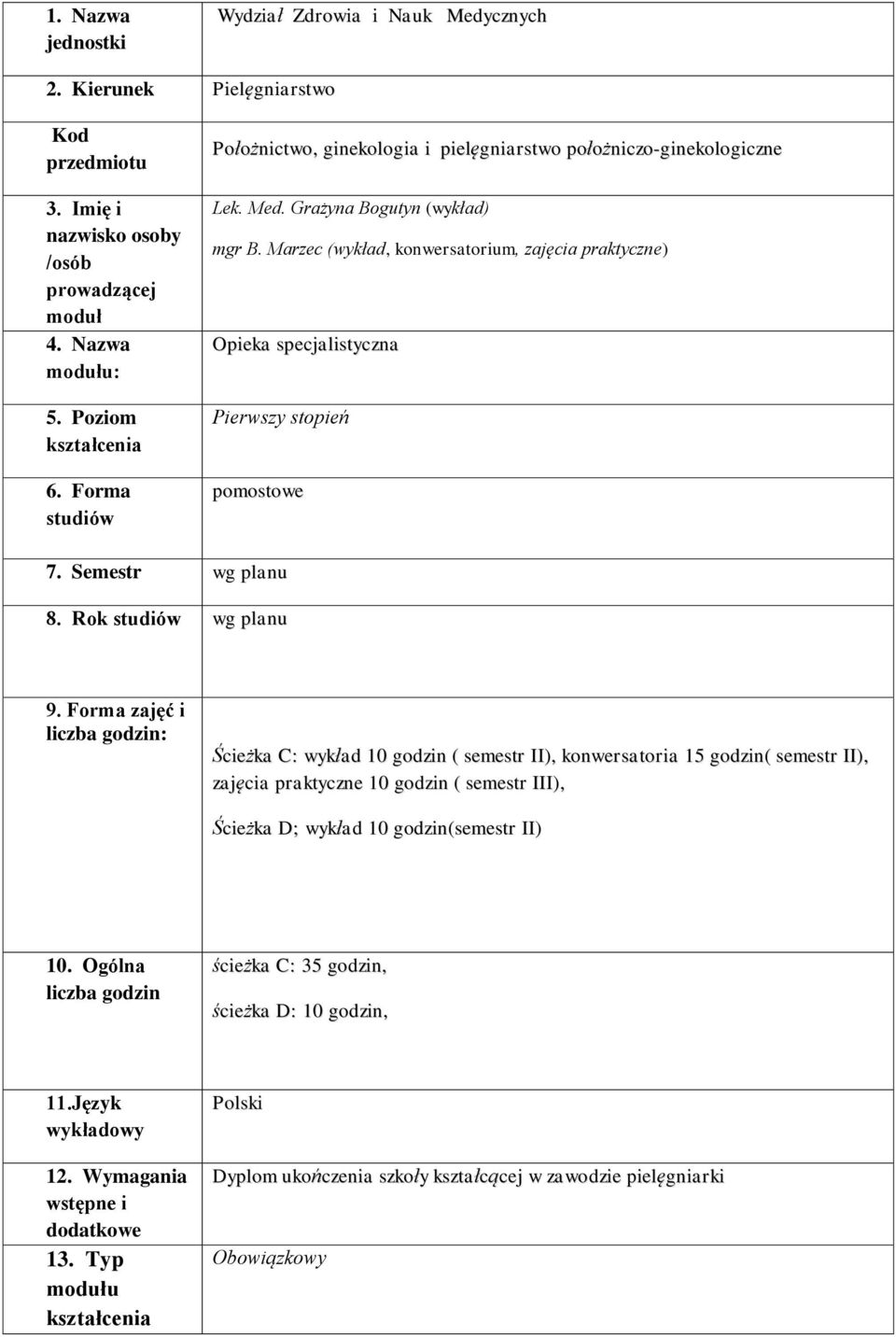 Marzec (wykład, konwersatorium, zajęcia praktyczne) Opieka specjalistyczna Pierwszy stopień pomostowe 7. Semestr wg planu 8. Rok studiów wg planu 9.