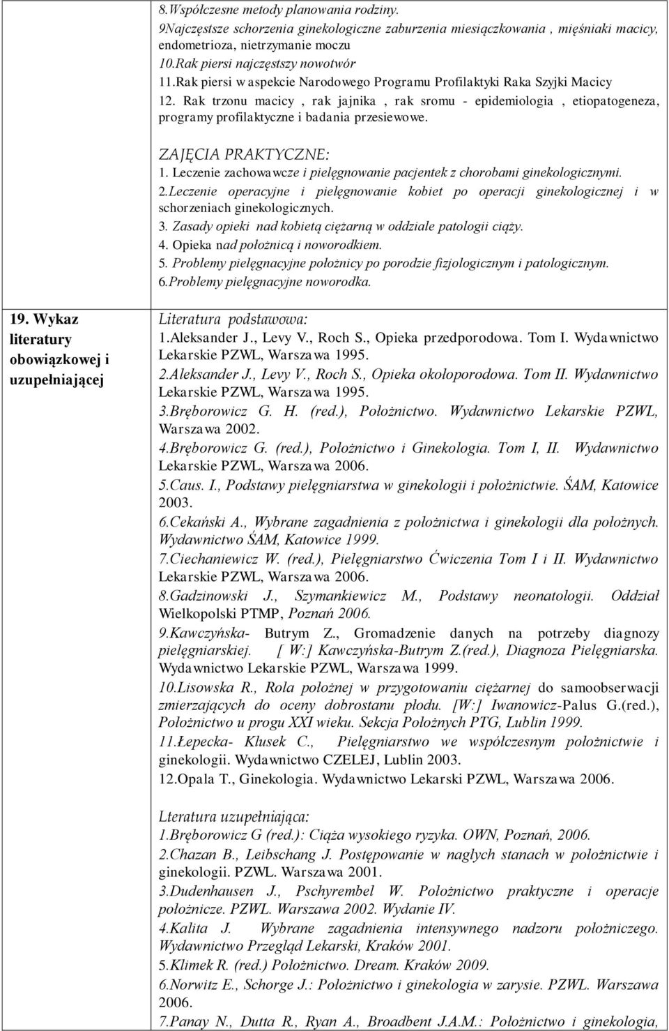 ZAJĘCIA PRAKTYCZNE: 1. Leczenie zachowawcze i pielęgnowanie pacjentek z chorobami ginekologicznymi. 2.