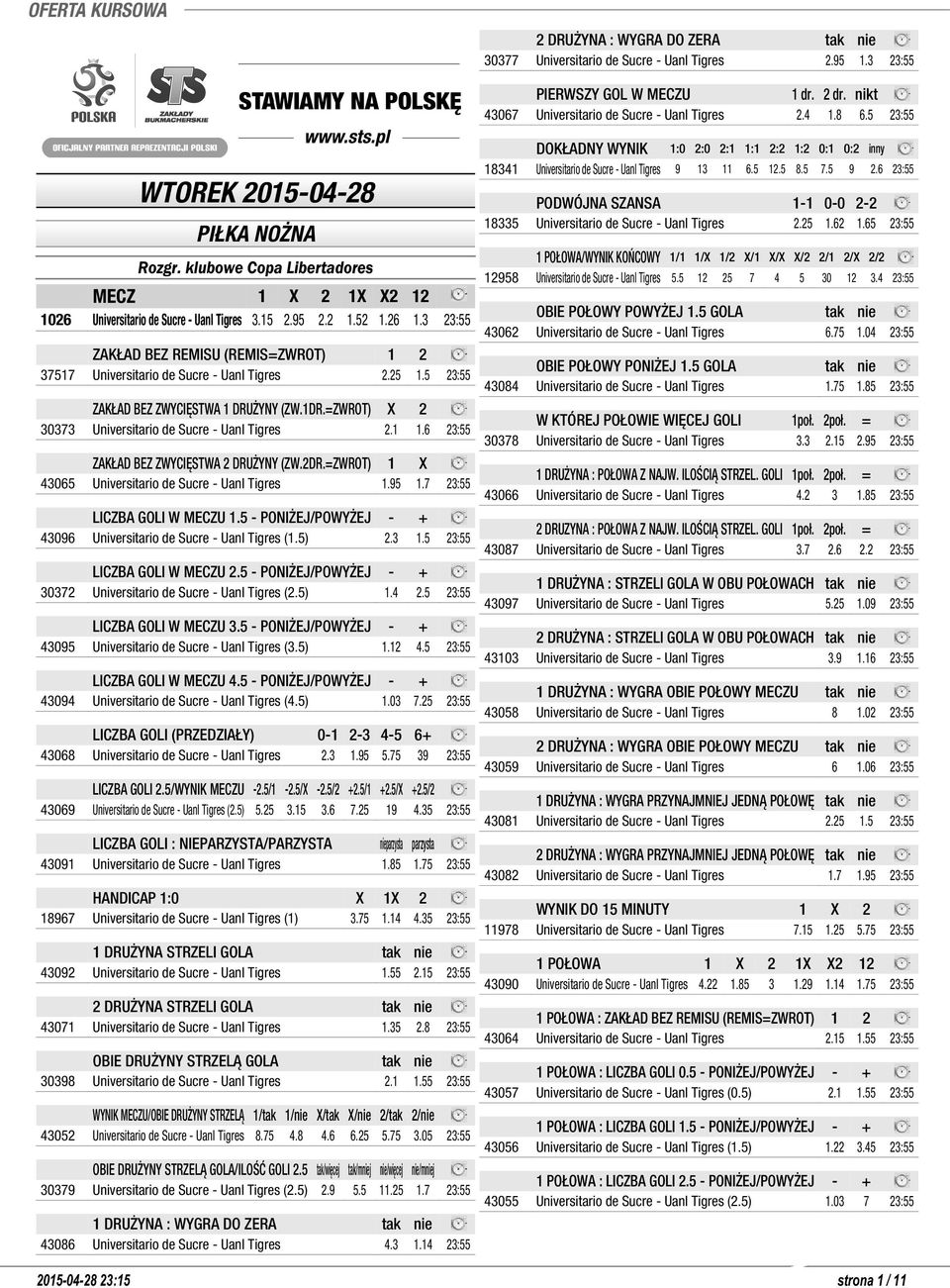 5 23:55 ZAKŁAD BEZ ZWYCIĘSTWA 1 DRUŻYNY (ZW.1DR.=ZWROT) X 2 30373 Universitario de Sucre - Uanl Tigres 2.1 1.6 23:55 ZAKŁAD BEZ ZWYCIĘSTWA 2 DRUŻYNY (ZW.2DR.