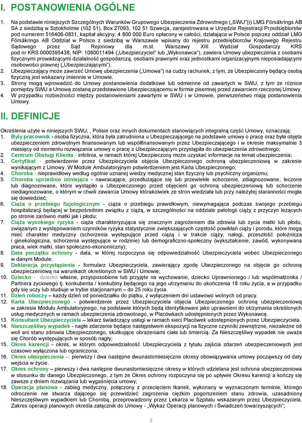 Urzędzie Rejestracji Przedsiębiorstw pod numerem 516406-0831, kapitał akcyjny: 4 800 000 Euro opłacony w całości, działająca w Polsce poprzez oddział LMG Försäkrings AB Oddział w Polsce z siedzibą w