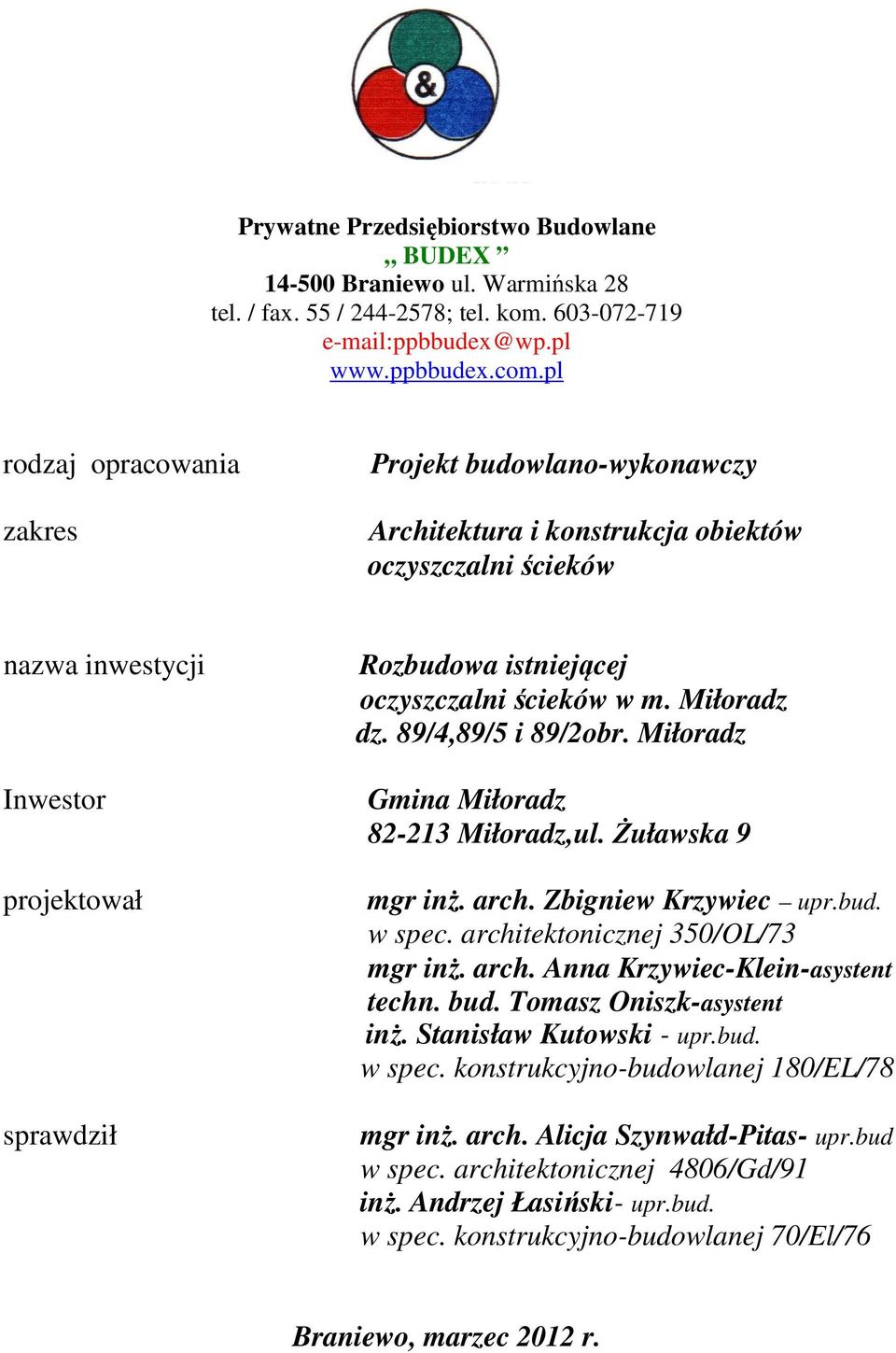 ścieków w m. Miłoradz dz. 89/4,89/5 i 89/2obr. Miłoradz Gmina Miłoradz 82-213 Miłoradz,ul. Żuławska 9 mgr inż. arch. Zbigniew Krzywiec upr.bud. w spec. architektonicznej 350/OL/73 mgr inż. arch. Anna Krzywiec-Klein-asystent techn.