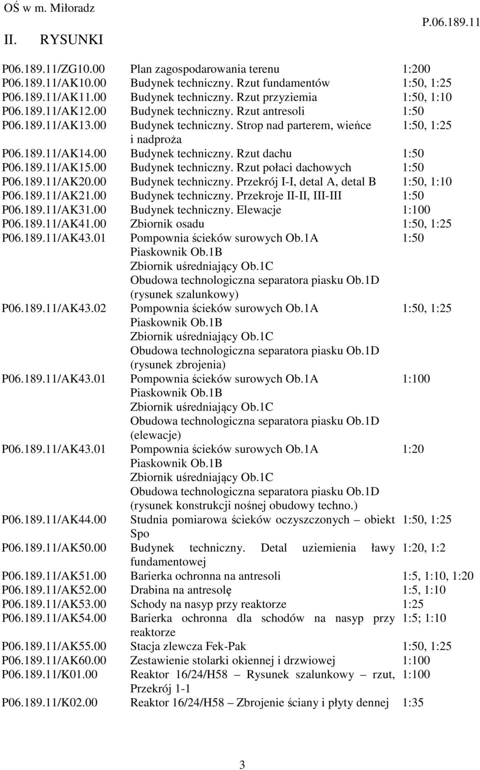 189.11/AK15.00 Budynek techniczny. Rzut połaci dachowych 1:50 P06.189.11/AK20.00 Budynek techniczny. Przekrój I-I, detal A, detal B 1:50, 1:10 P06.189.11/AK21.00 Budynek techniczny. Przekroje II-II, III-III 1:50 P06.