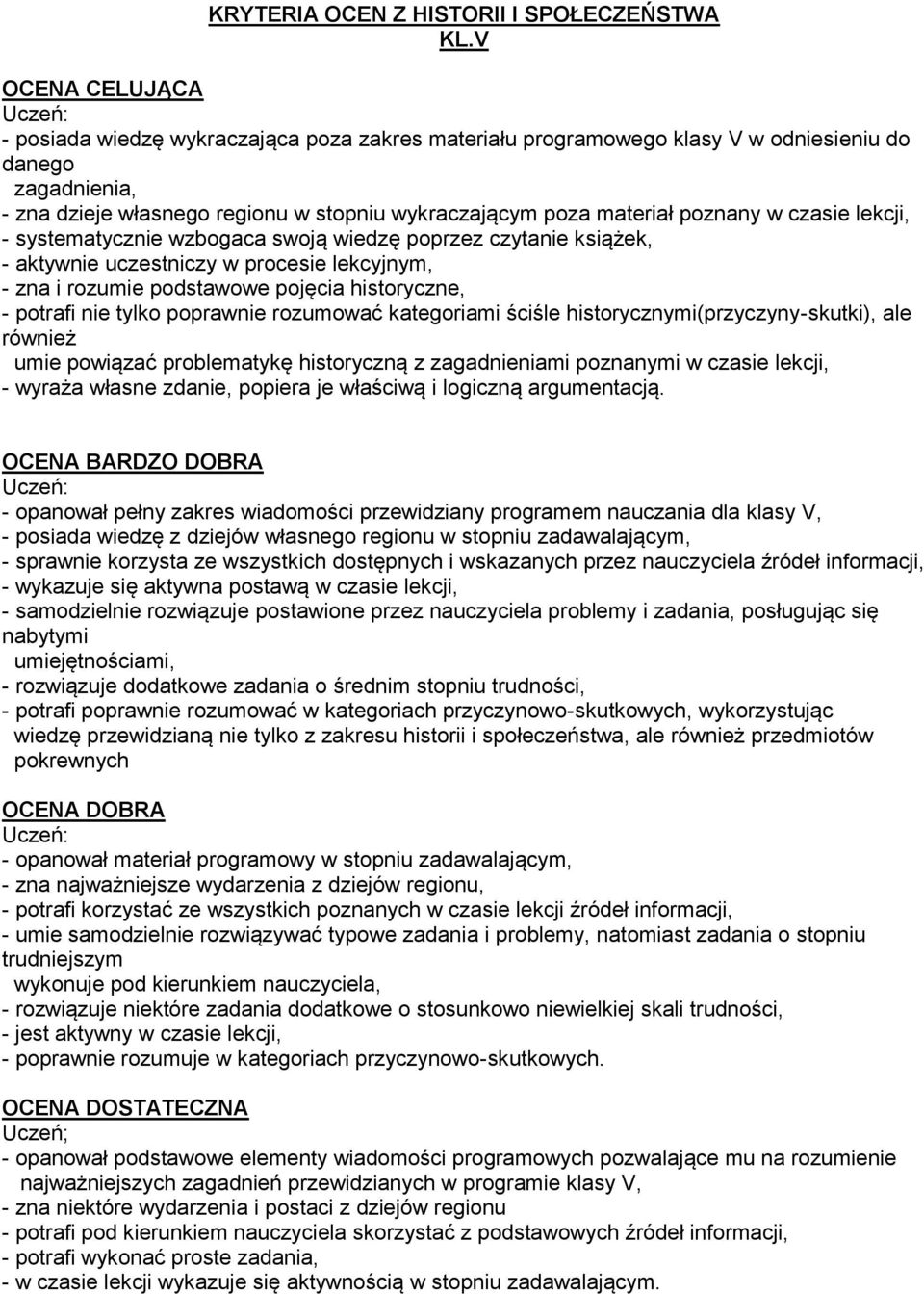 poznany w czasie lekcji, - systematycznie wzbogaca swoją wiedzę poprzez czytanie książek, - aktywnie uczestniczy w procesie lekcyjnym, - zna i rozumie podstawowe pojęcia historyczne, - potrafi nie