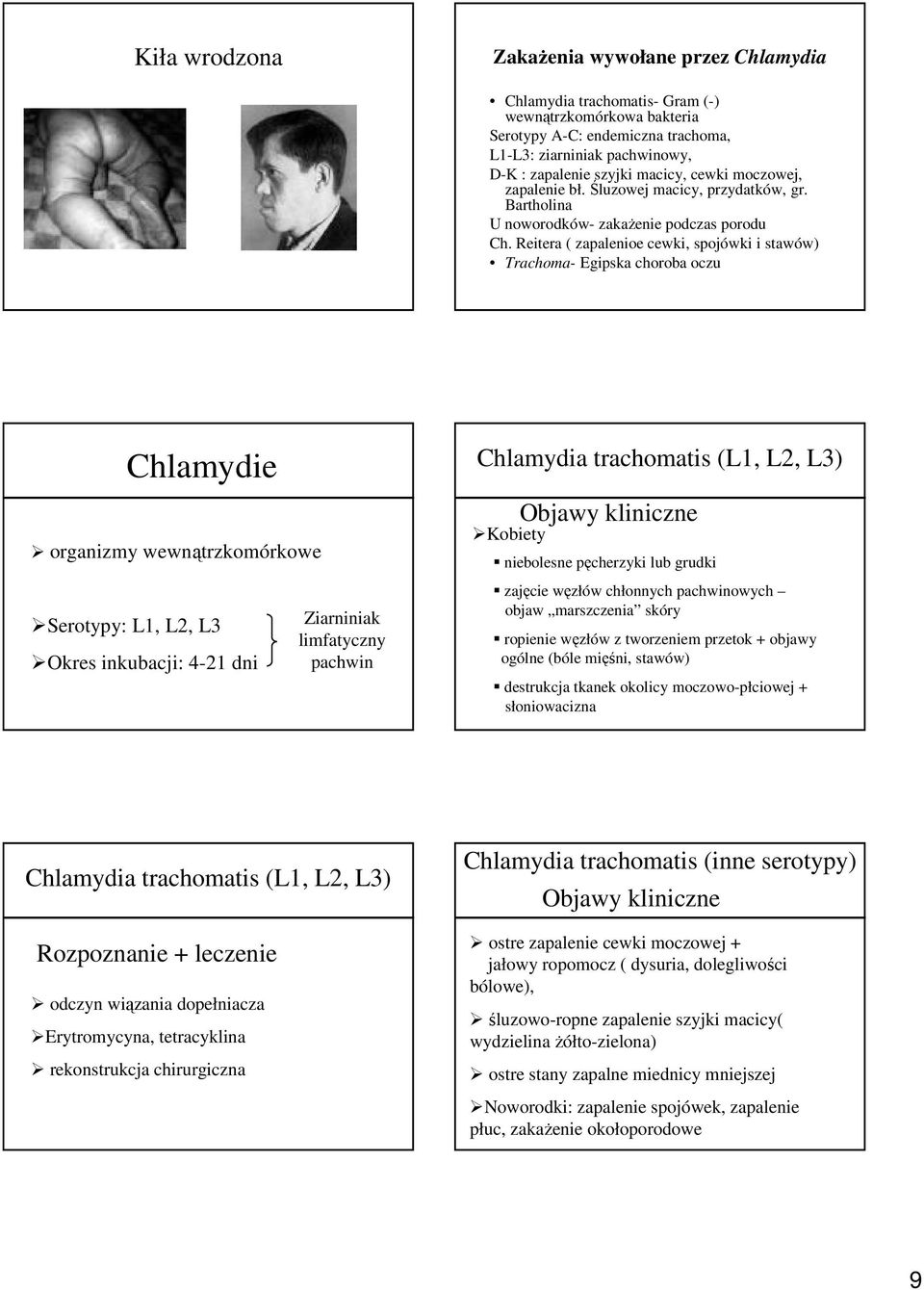 Reitera ( zapalenioe cewki, spojówki i stawów) Trachoma- Egipska choroba oczu Chlamydie organizmy wewnątrzkomórkowe Serotypy: L1, L2, L3 Okres inkubacji: 4-21 dni Ziarniniak limfatyczny pachwin