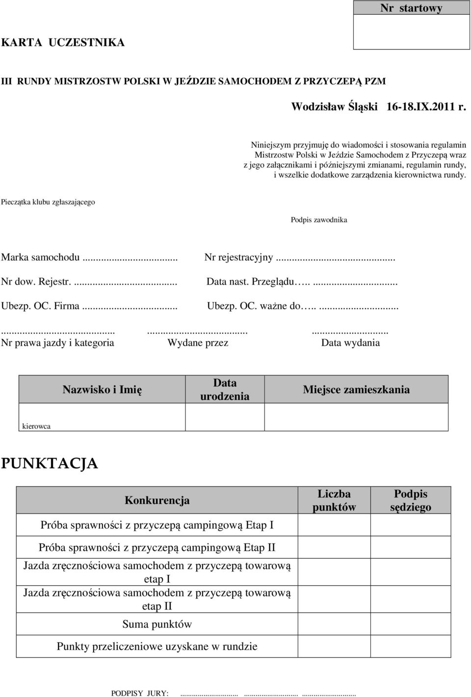 zarządzenia kierownictwa rundy. Pieczątka klubu zgłaszającego Podpis zawodnika Marka samochodu... Nr rejestracyjny... Nr dow. Rejestr.... Data nast. Przeglądu..... Ubezp. OC. Firma... Ubezp. OC. ważne do.