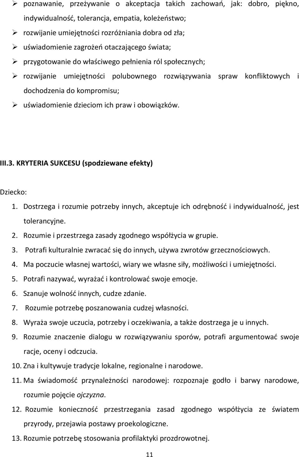 ich praw i obowiązków. III.3. KRYTERIA SUKCESU (spodziewane efekty) Dziecko: 1. Dostrzega i rozumie potrzeby innych, akceptuje ich odrębność i indywidualność, jest tolerancyjne. 2.