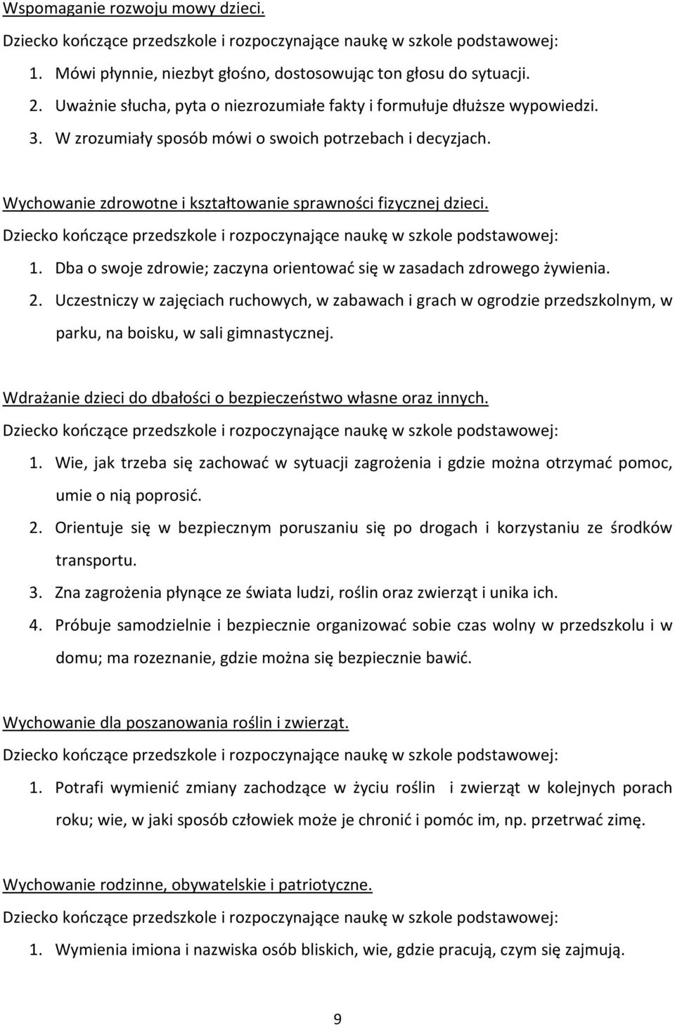 Wychowanie zdrowotne i kształtowanie sprawności fizycznej dzieci. Dziecko kończące przedszkole i rozpoczynające naukę w szkole podstawowej: 1.