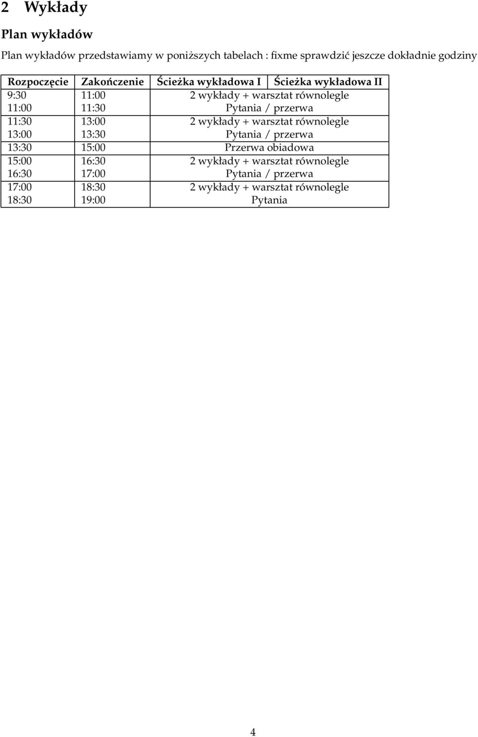 Pytania / przerwa 11:30 13:00 2 wykłady + warsztat równolegle 13:00 13:30 Pytania / przerwa 13:30 15:00 Przerwa obiadowa