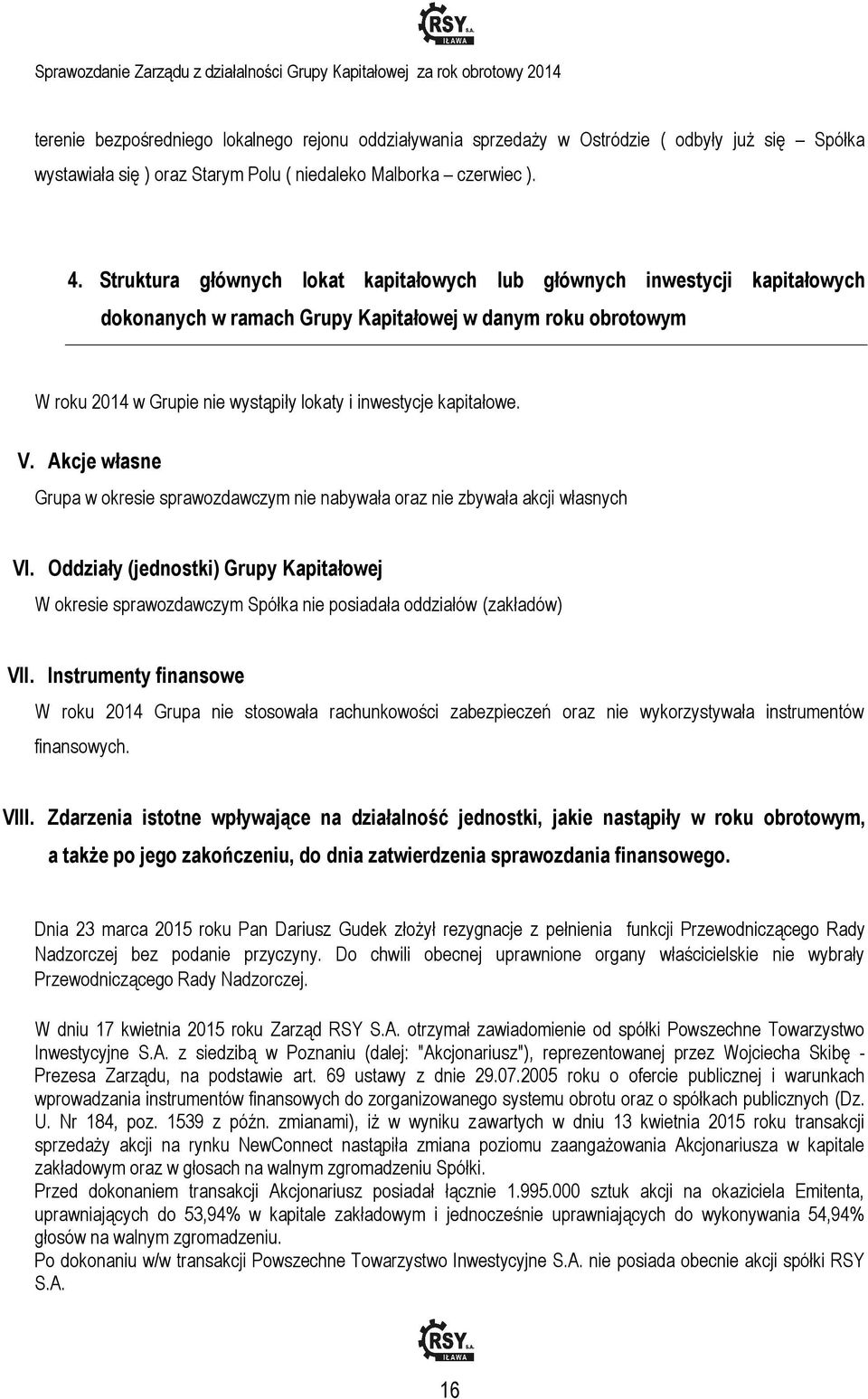 kapitałowe. V. Akcje własne Grupa w okresie sprawozdawczym nie nabywała oraz nie zbywała akcji własnych VI.