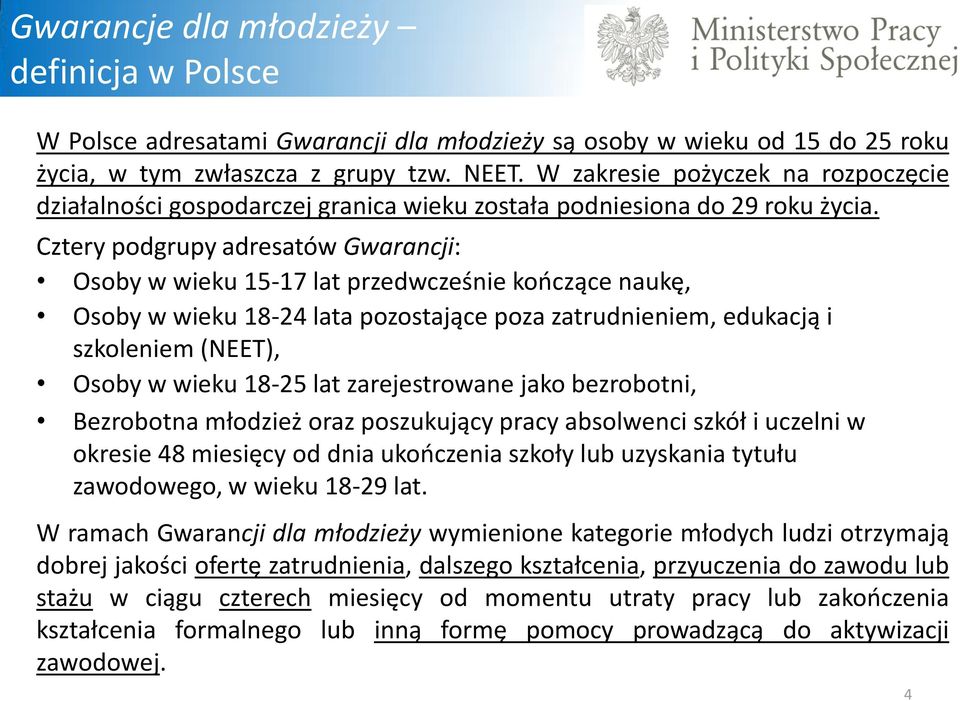 Cztery podgrupy adresatów Gwarancji: Osoby w wieku 15-17 lat przedwcześnie kończące naukę, Osoby w wieku 18-24 lata pozostające poza zatrudnieniem, edukacją i szkoleniem (NEET), Osoby w wieku 18-25