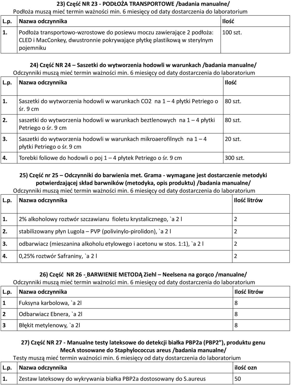 24) Część NR 24 Saszetki do wytworzenia hodowli w warunkach /badania manualne/ Odczynniki muszą mieć termin ważności min. 6 miesięcy od daty dostarczenia do laboratorium 1.