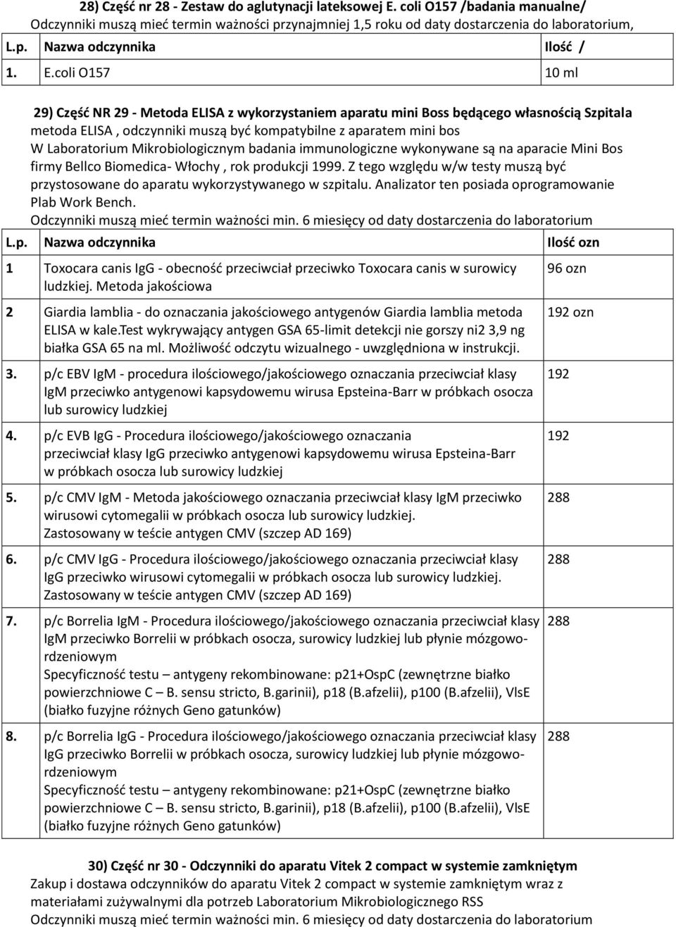 coli O157 10 ml 29) Część NR 29 - Metoda ELISA z wykorzystaniem aparatu mini Boss będącego własnością Szpitala metoda ELISA, odczynniki muszą być kompatybilne z aparatem mini bos W Laboratorium