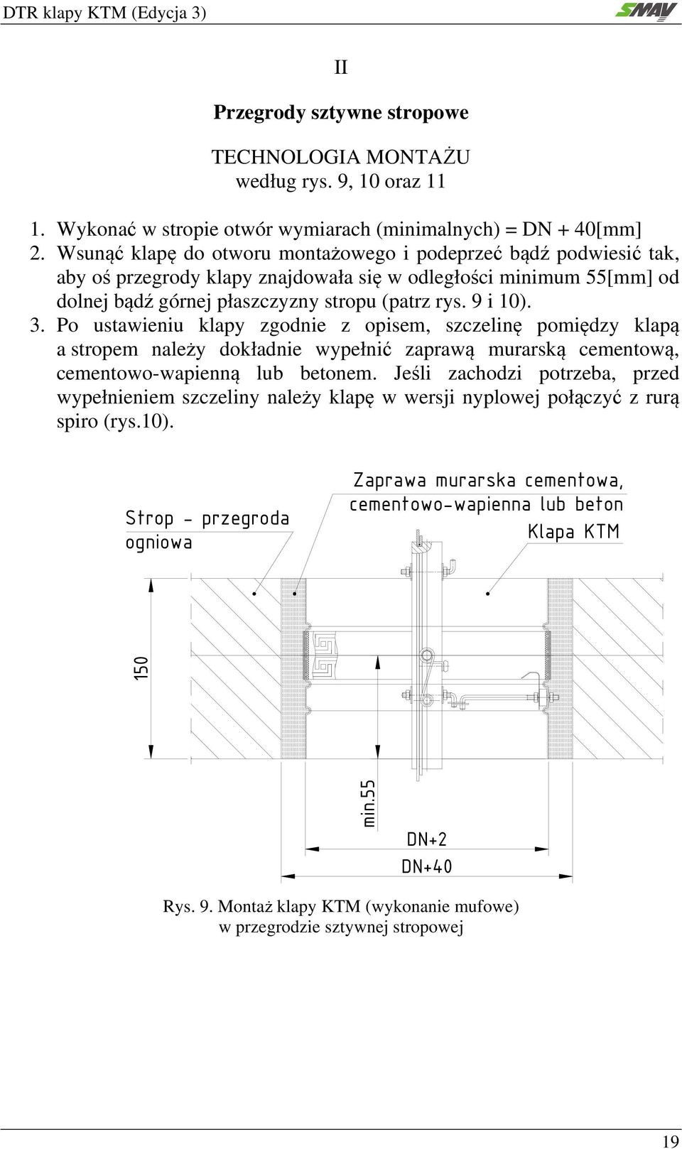 Po ustawieniu klapy zgodnie z opisem, szczelinę pomiędzy klapą a stropem należy dokładnie wypełnić zaprawą murarską cementową, cementowo-wapienną lub betonem.