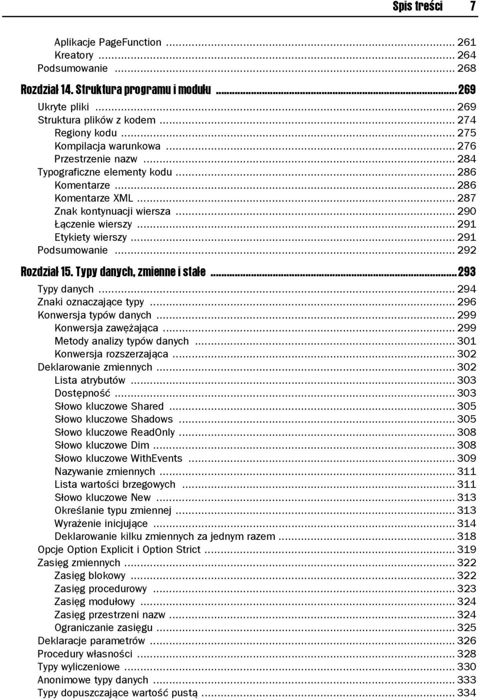 .. 291 Etykiety wierszy... 291 Podsumowanie... 292 Rozdział 15. Typy danych, zmienne i stałe...293 Typy danych... 294 Znaki oznaczające typy... 296 Konwersja typów danych... 299 Konwersja zawężająca.