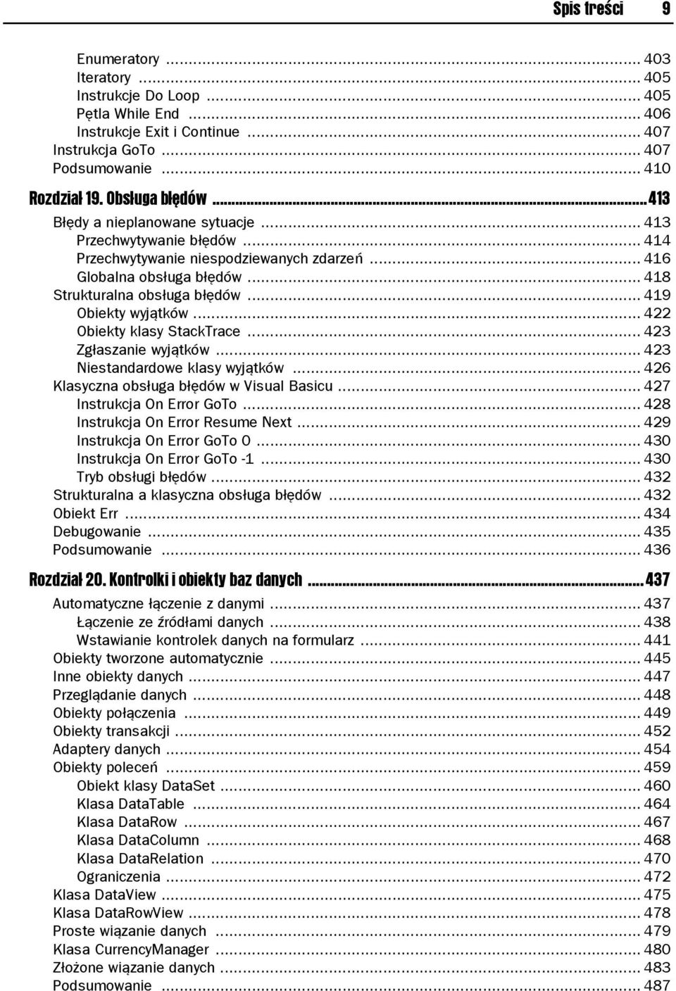.. 419 Obiekty wyjątków... 422 Obiekty klasy StackTrace... 423 Zgłaszanie wyjątków... 423 Niestandardowe klasy wyjątków... 426 Klasyczna obsługa błędów w Visual Basicu... 427 Instrukcja On Error GoTo.