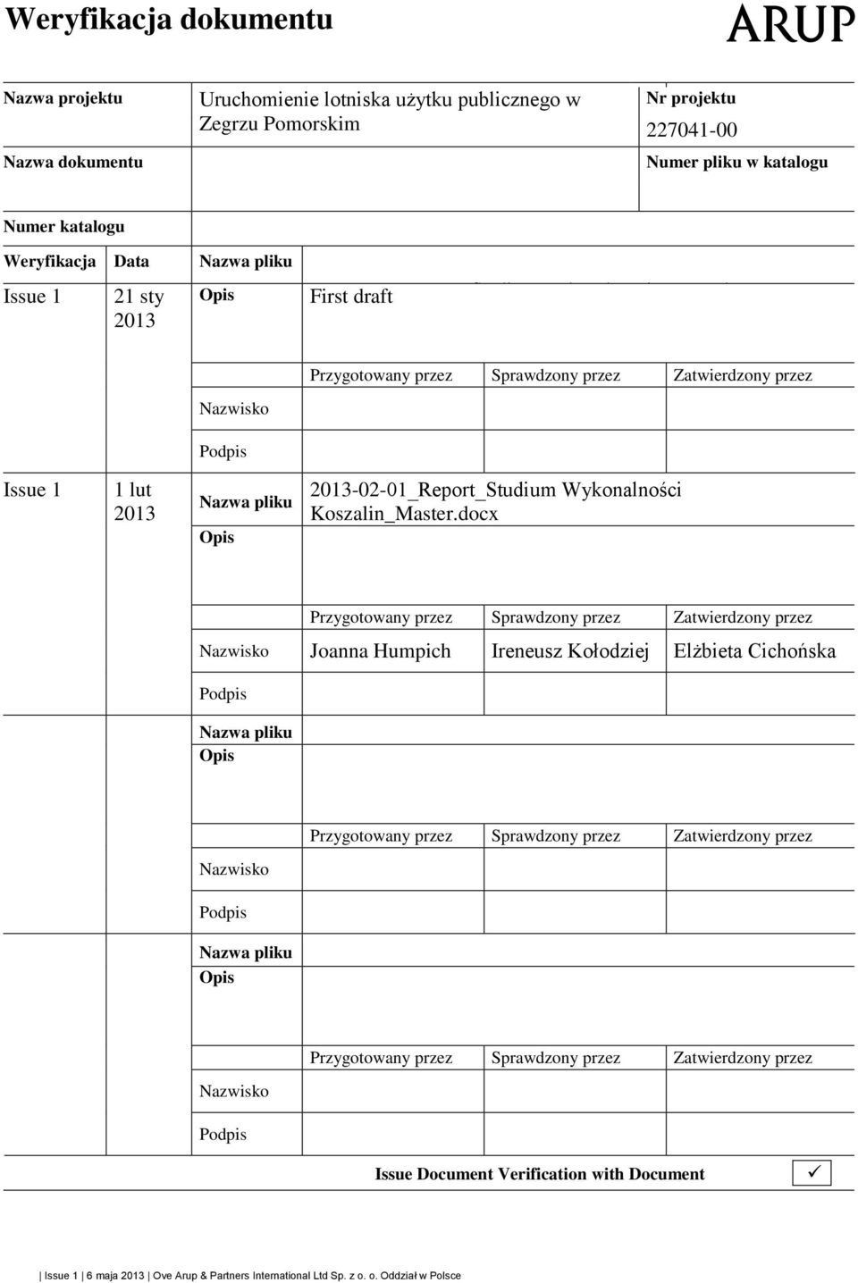 docx Nazwisko Podpis Przygotowany przez Sprawdzony przez Zatwierdzony przez Issue 1 1 lut 2013 Nazwa pliku Opis 2013-02-01_Report_Studium Wykonalności Koszalin_Master.